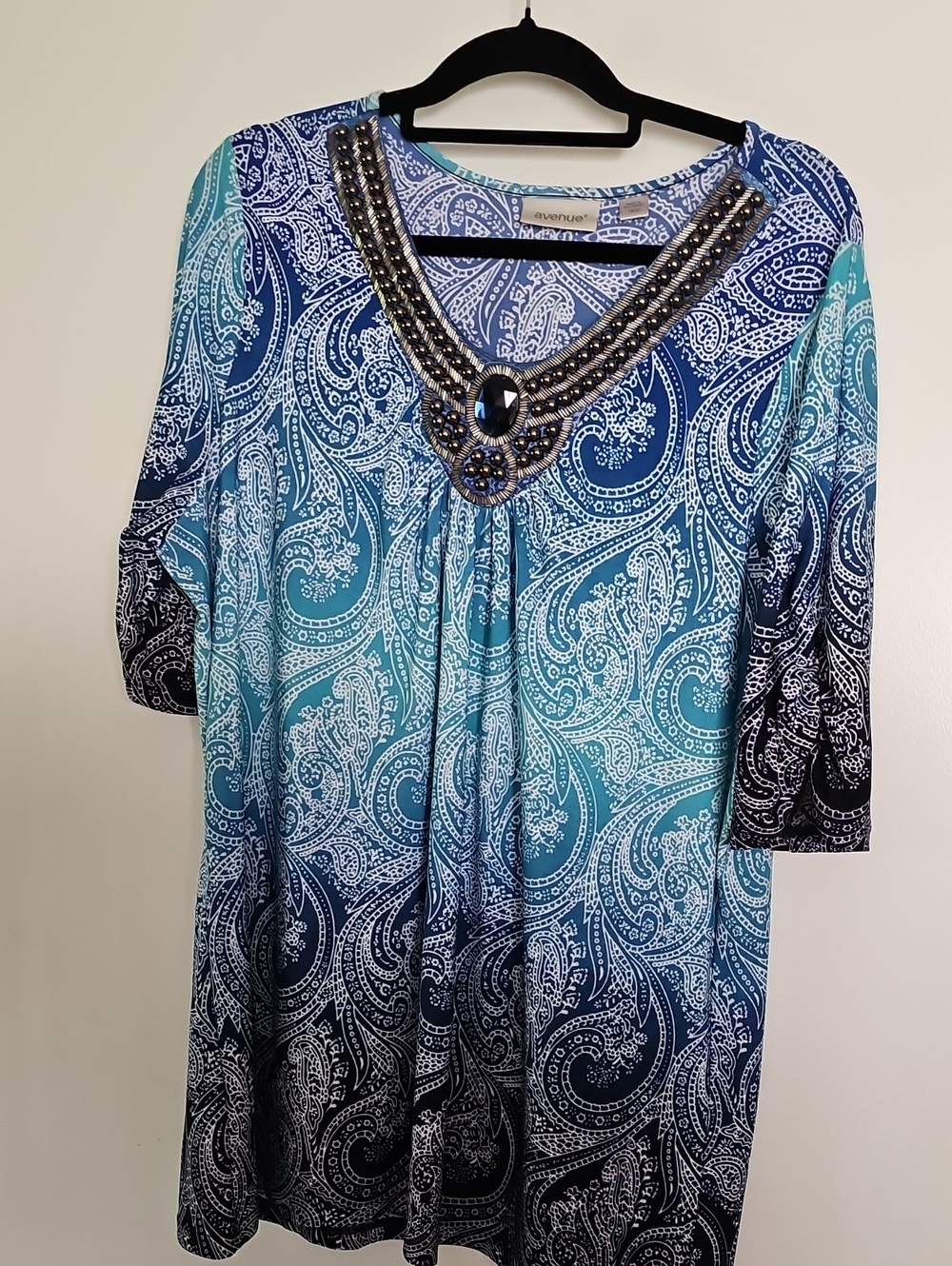 Avenue Blue Teal Paisley Beaded V-Neck Tunic
